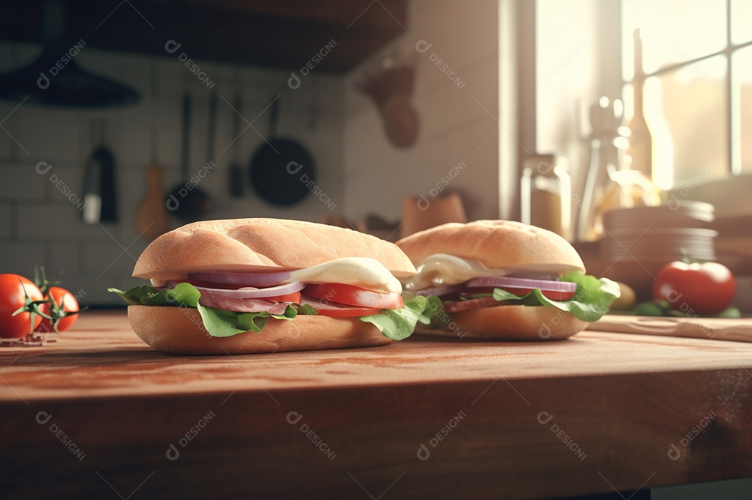 Sanduíche caseiro de baguete submarina com presunto, queijo, bacon, tomate, alface, pepino e cebola.