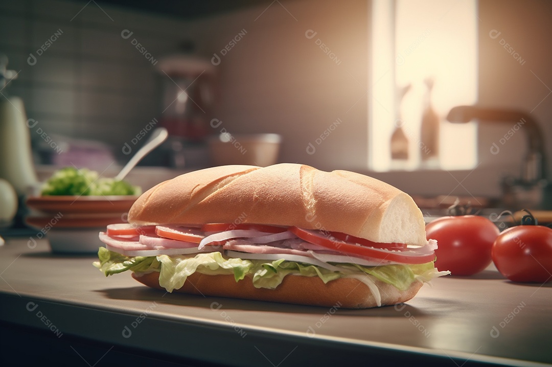 Sanduíche caseiro de baguete submarina com presunto, queijo, bacon, tomate, alface, pepino e cebola.