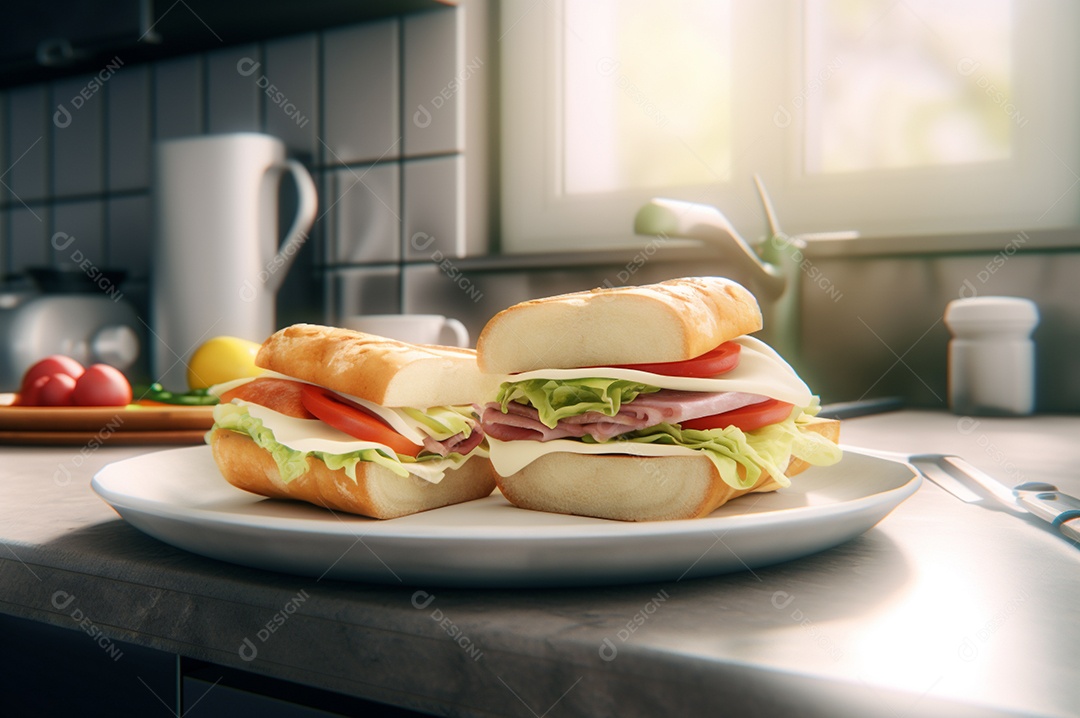 Sanduíche caseiro de baguete submarina com presunto, queijo, bacon, tomate, alface, pepino e cebola.