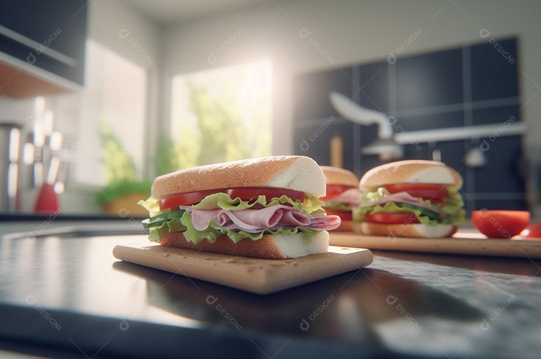 Sanduíche caseiro de baguete submarina com presunto, queijo, bacon, tomate, alface, pepino e cebola.