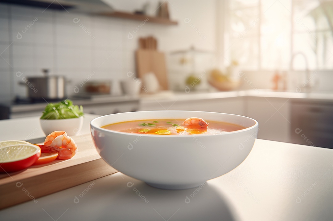 Deliciosa sopa de camarão com leite de coco e curry na tigela na mesa da cozinha.