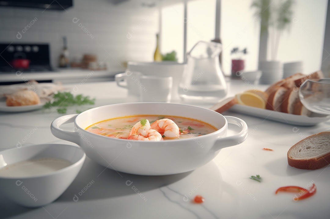 Deliciosa sopa de camarão com leite de coco e curry na tigela na mesa da cozinha.