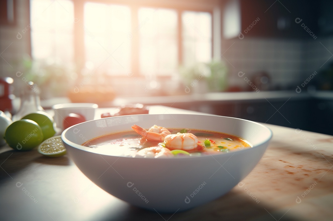 Deliciosa sopa de camarão com leite de coco e curry na tigela na mesa da cozinha.