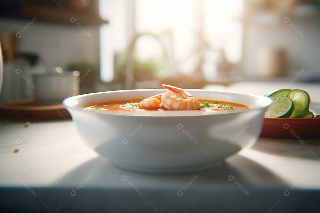 Deliciosa sopa de camarão com leite de coco e curry na tigela na mesa da cozinha.