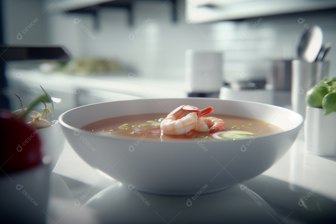 Deliciosa sopa de camarão com leite de coco e curry na tigela na mesa da cozinha.