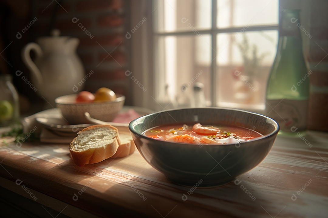 Deliciosa sopa de camarão com leite de coco e curry na tigela na mesa da cozinha.