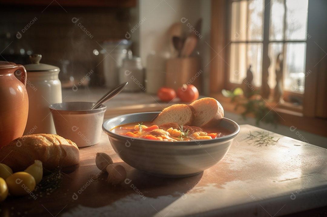 Deliciosa sopa de camarão com leite de coco e curry na tigela na mesa da cozinha.