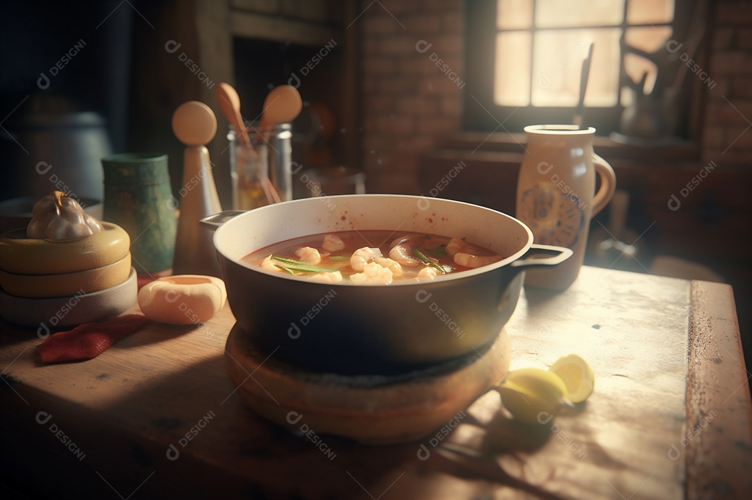 Deliciosa sopa de camarão com leite de coco e curry na tigela na mesa da cozinha.