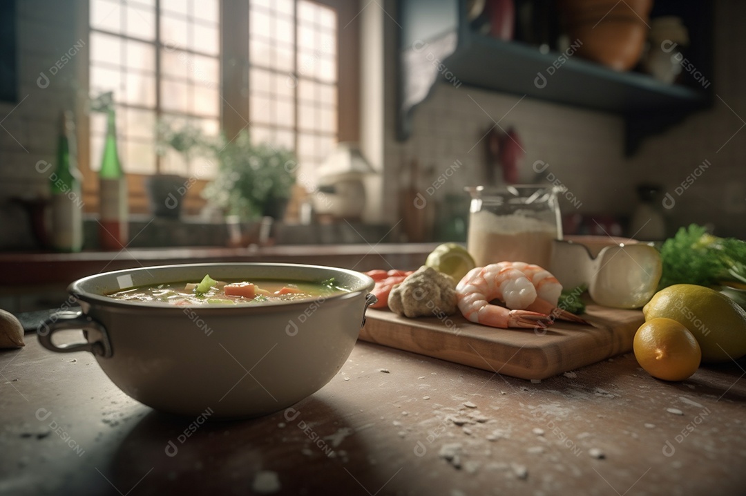 Deliciosa sopa de camarão com leite de coco e curry na tigela na mesa da cozinha.