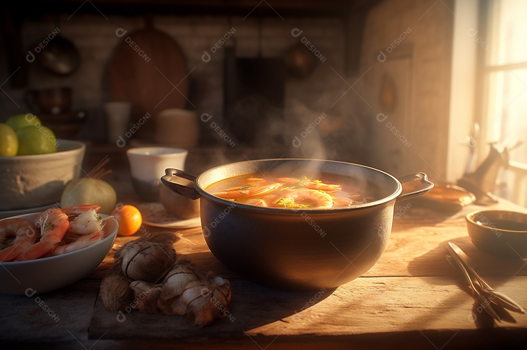 Deliciosa sopa de camarão com leite de coco e curry na tigela na mesa da cozinha.