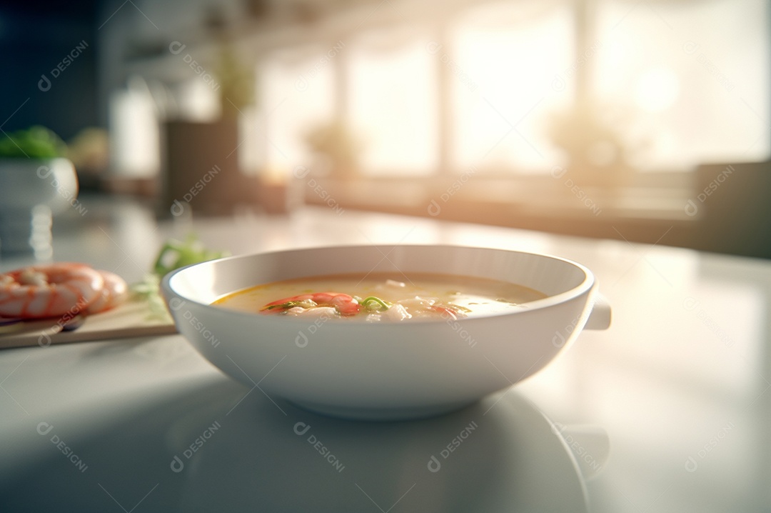Deliciosa sopa de camarão com leite de coco e curry na tigela na mesa da cozinha.