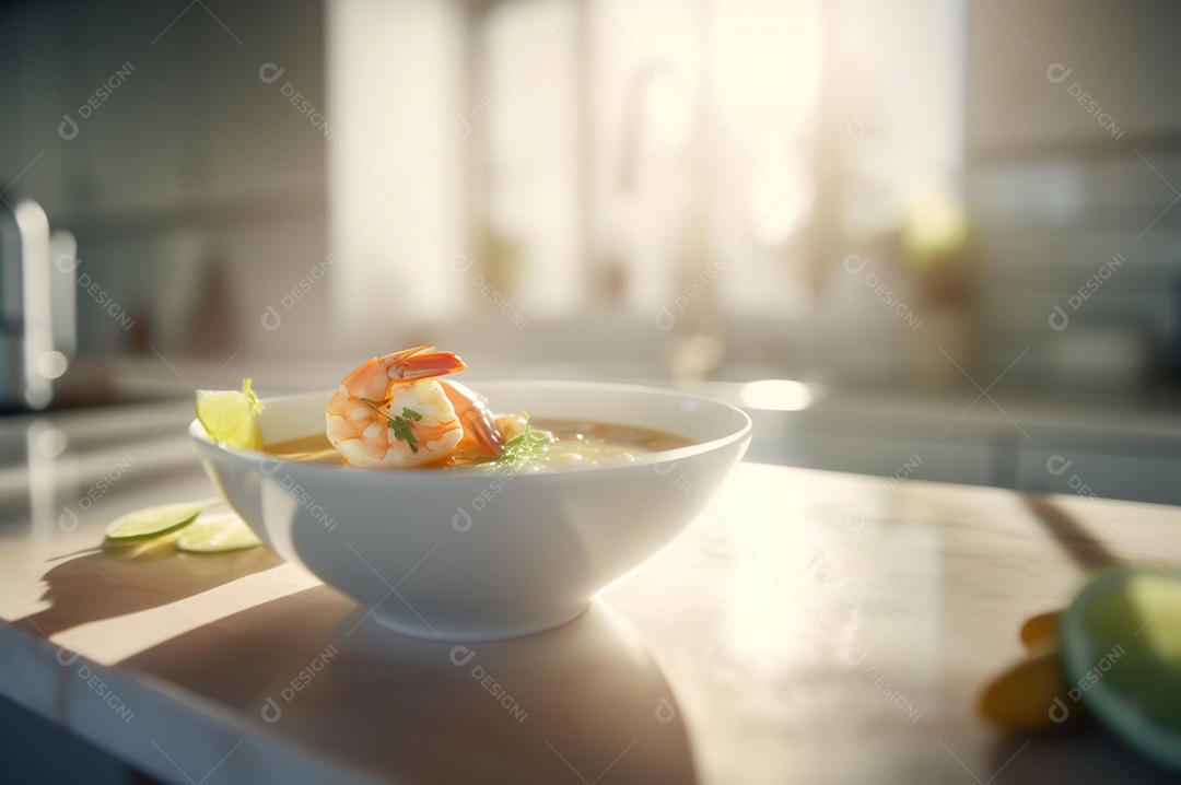 Deliciosa sopa de camarão com leite de coco e curry na tigela na mesa da cozinha.