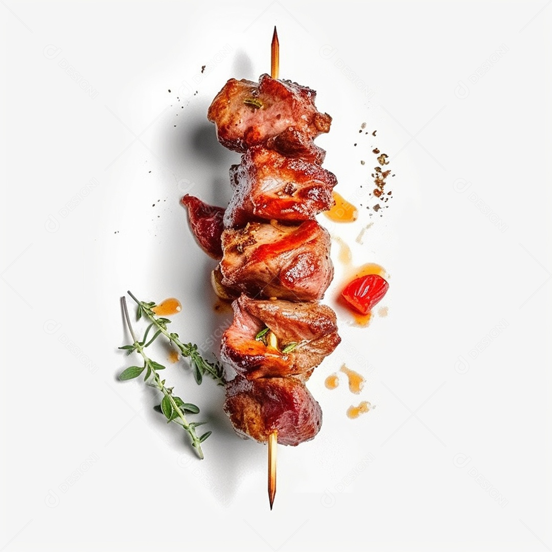 Delicioso espetinho de carne isolado em fundo branco