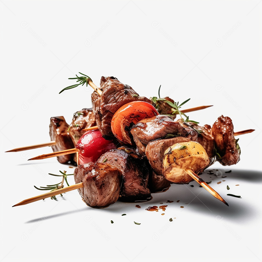 Deliciosos espetinhos de carne isolado em fundo branco
