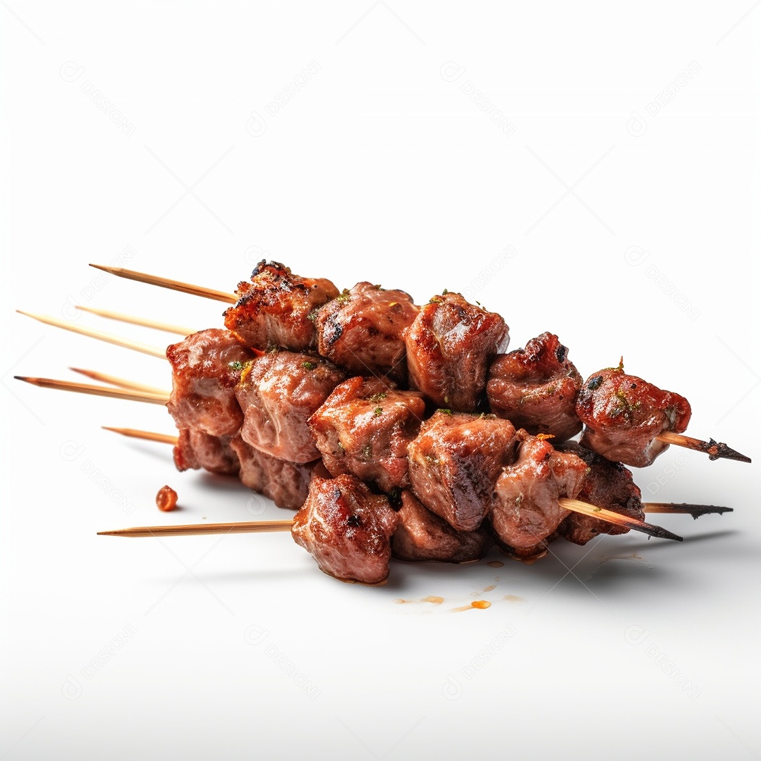 Deliciosos espetinhos de carne isolado em fundo branco