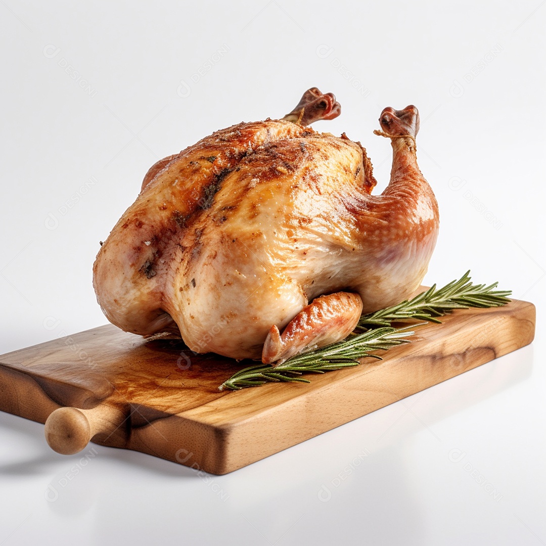 Delicioso frango assado em tábua de madeira
