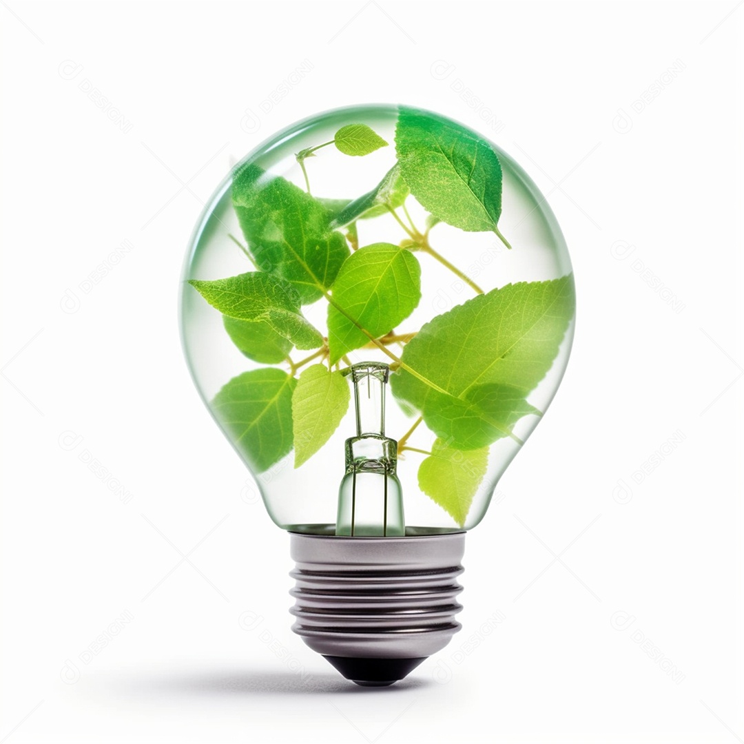Lâmpada com folhas verdes dentro isolado em fundo branco