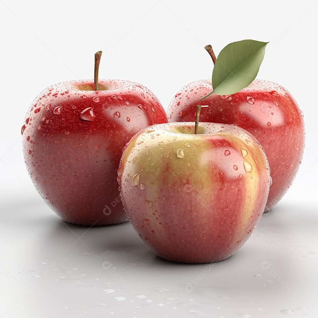 Maças vermelhas com respingos de água em fundo branco