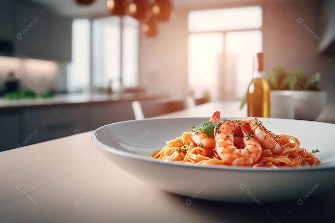 Um delicioso prato de camarão com massa fettuccine em uma mesa de cozinha.