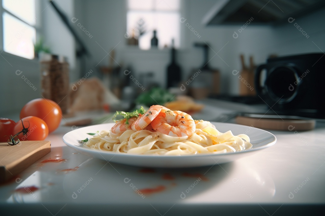 Um delicioso prato de camarão com massa fettuccine em uma mesa de cozinha.