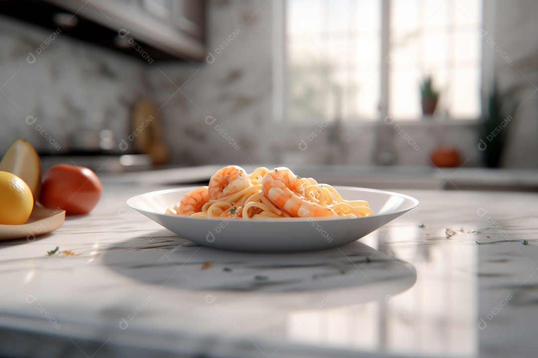 Um delicioso prato de camarão com massa fettuccine em uma mesa de cozinha.