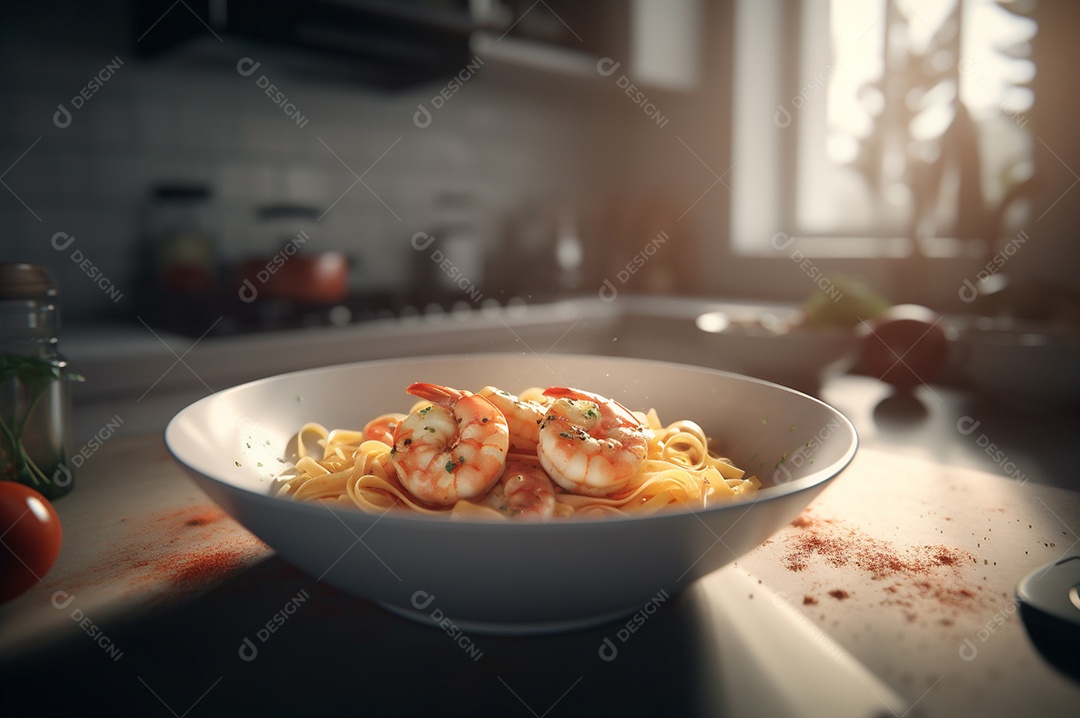 Um delicioso prato de camarão com massa fettuccine em uma mesa de cozinha.