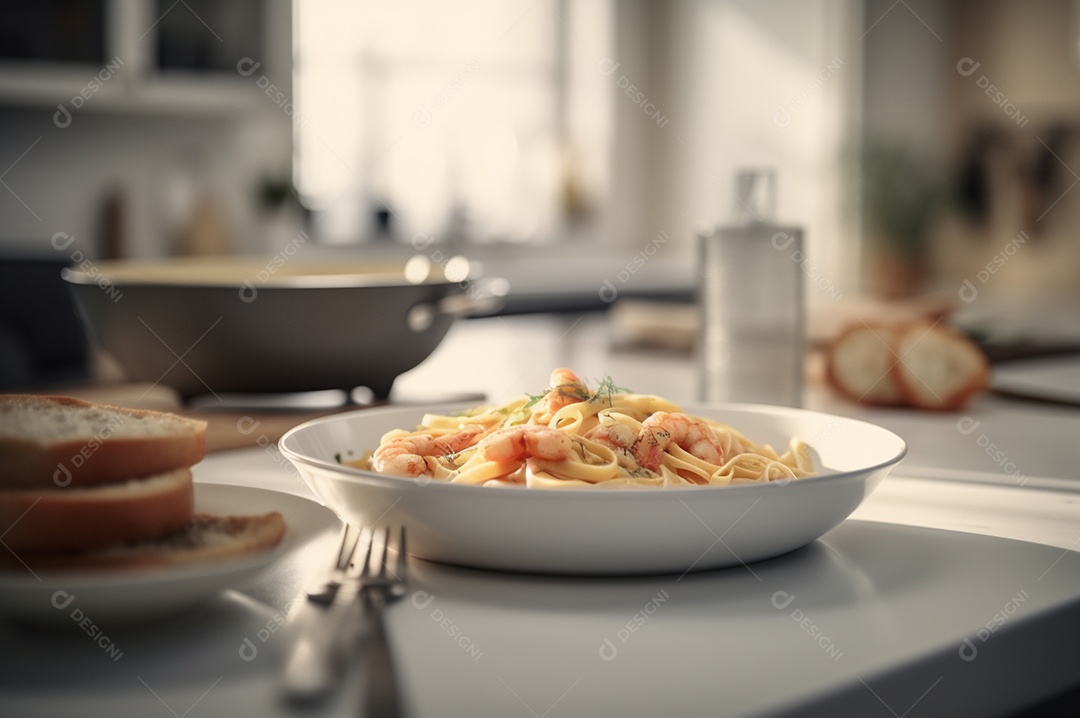 Um delicioso prato de camarão com massa fettuccine em uma mesa de cozinha.