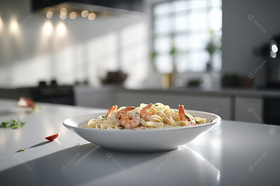 Um delicioso prato de camarão com massa fettuccine em uma mesa de cozinha.