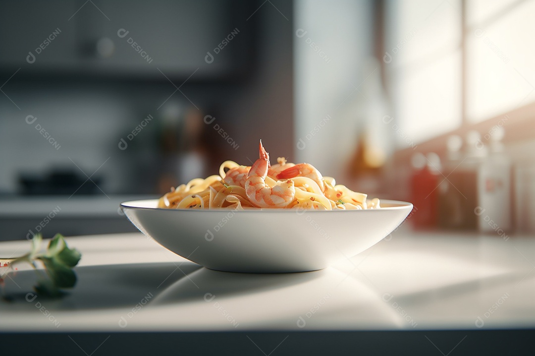 Um delicioso prato de camarão com massa fettuccine em uma mesa de cozinha.