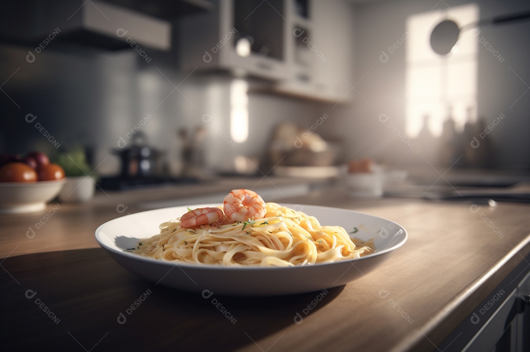 Um delicioso prato de camarão com massa fettuccine em uma mesa de cozinha.