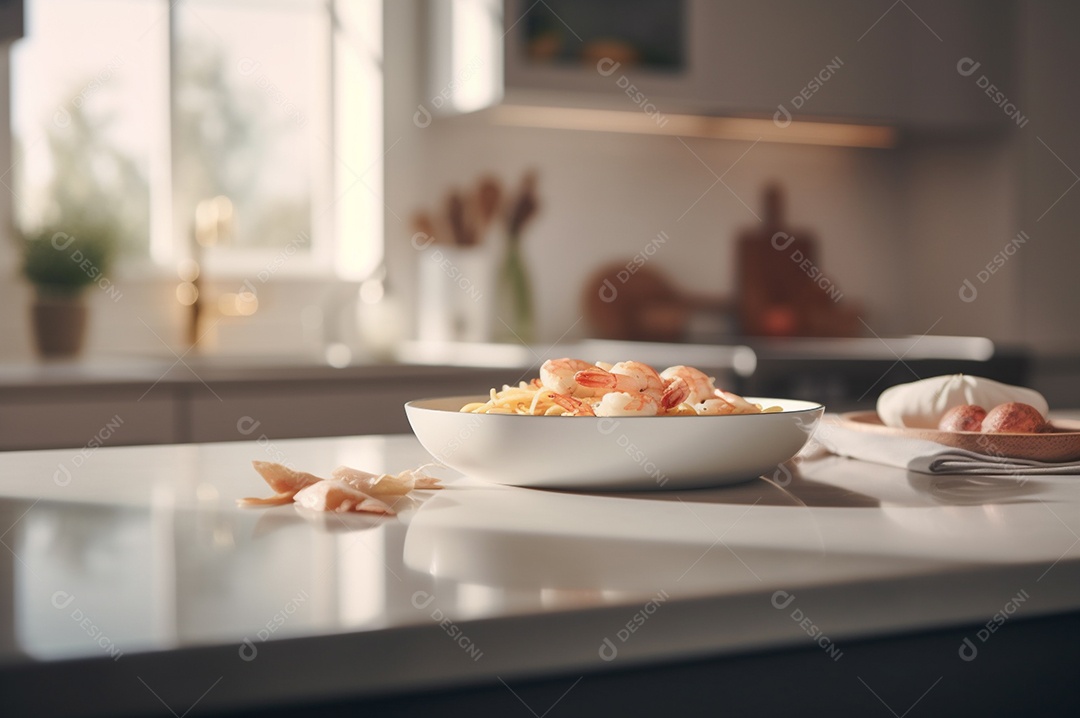 Um delicioso prato de camarão com massa fettuccine em uma mesa de cozinha.