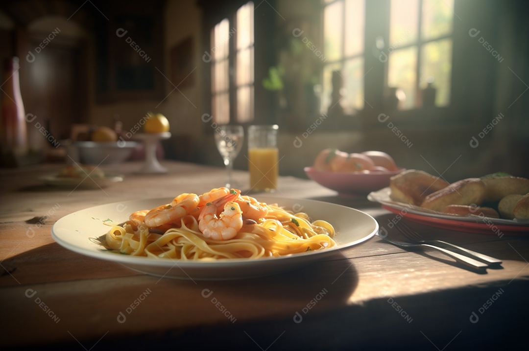 Um delicioso prato de camarão com massa fettuccine em uma mesa de cozinha.