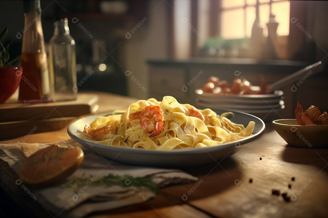 Um delicioso prato de camarão com massa fettuccine em uma mesa de cozinha.