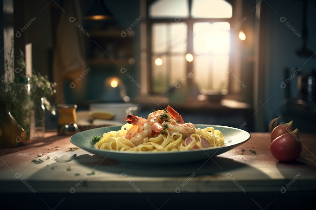 Um delicioso prato de camarão com massa fettuccine em uma mesa de cozinha.