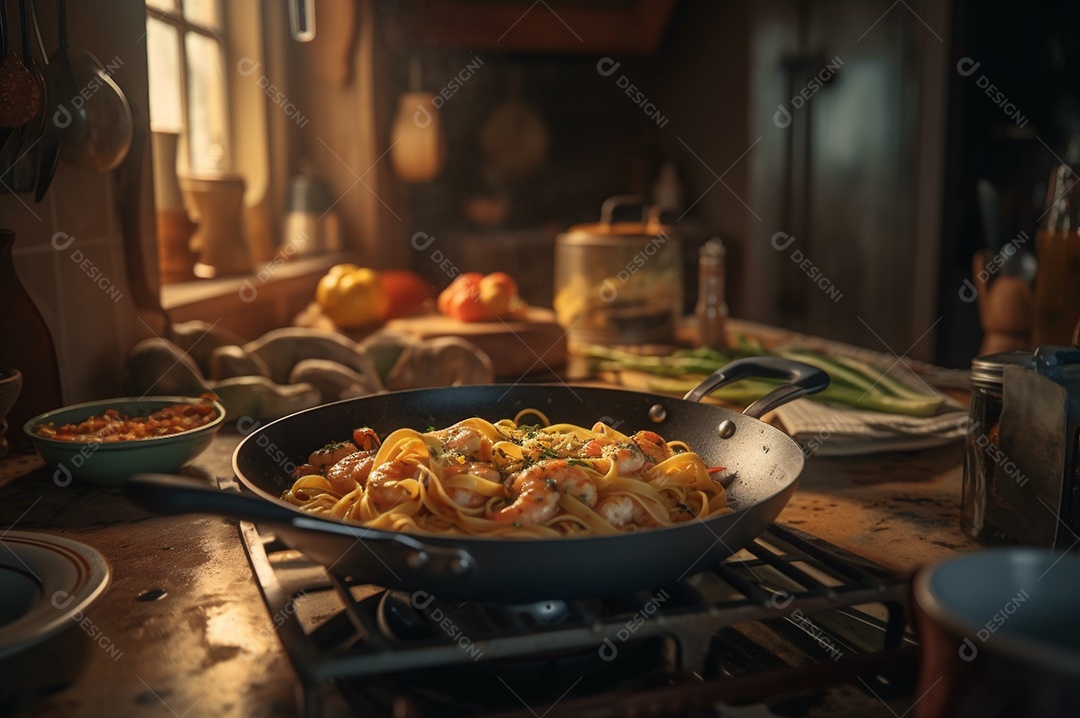 Um delicioso prato de camarão com massa fettuccine em uma mesa de cozinha.