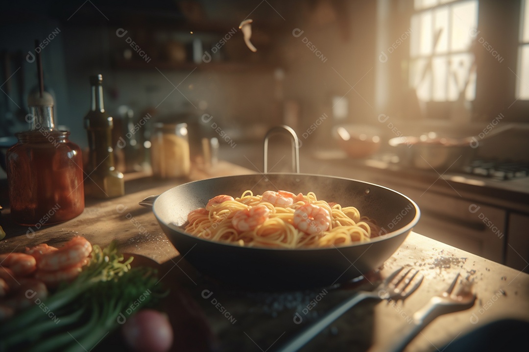 Um delicioso prato de camarão com massa fettuccine em uma mesa de cozinha.