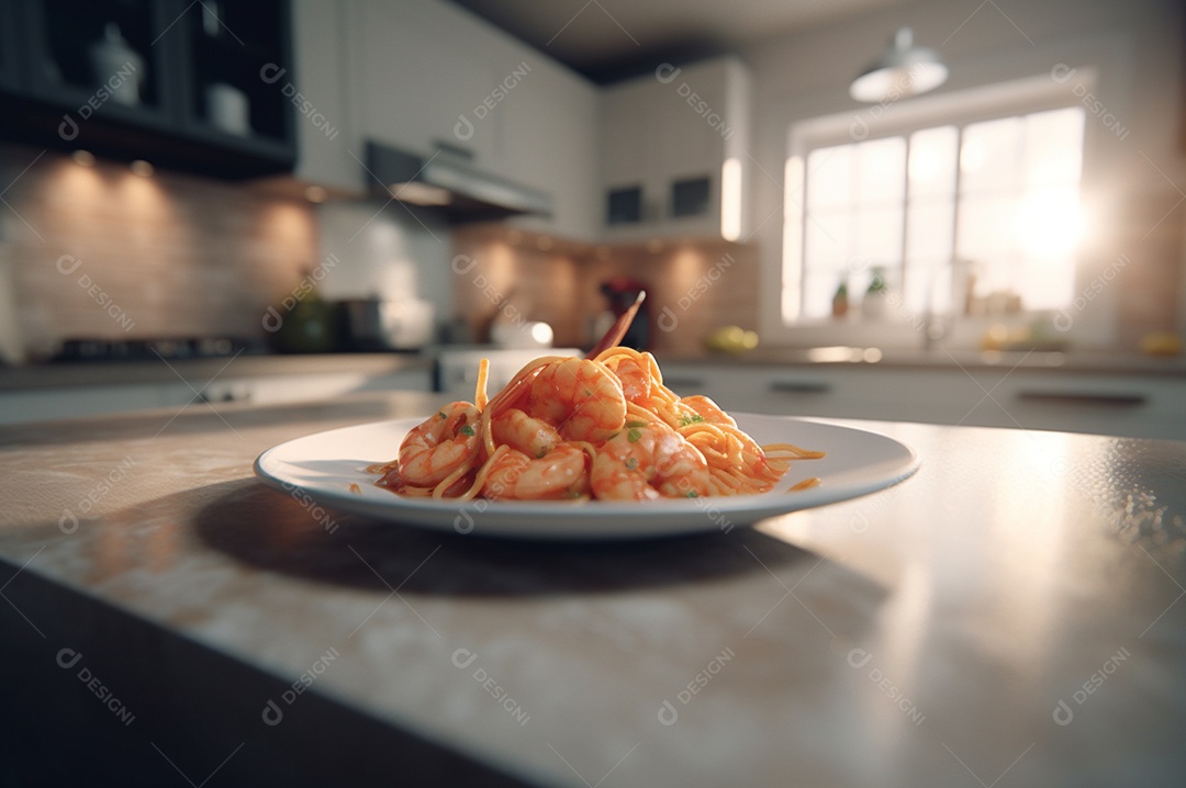 Um delicioso prato de camarão com massa fettuccine em uma mesa de cozinha.