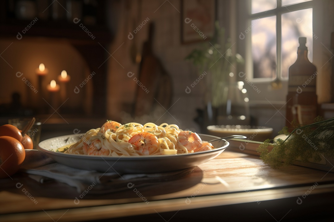 Um delicioso prato de camarão com massa fettuccine em uma mesa de cozinha.