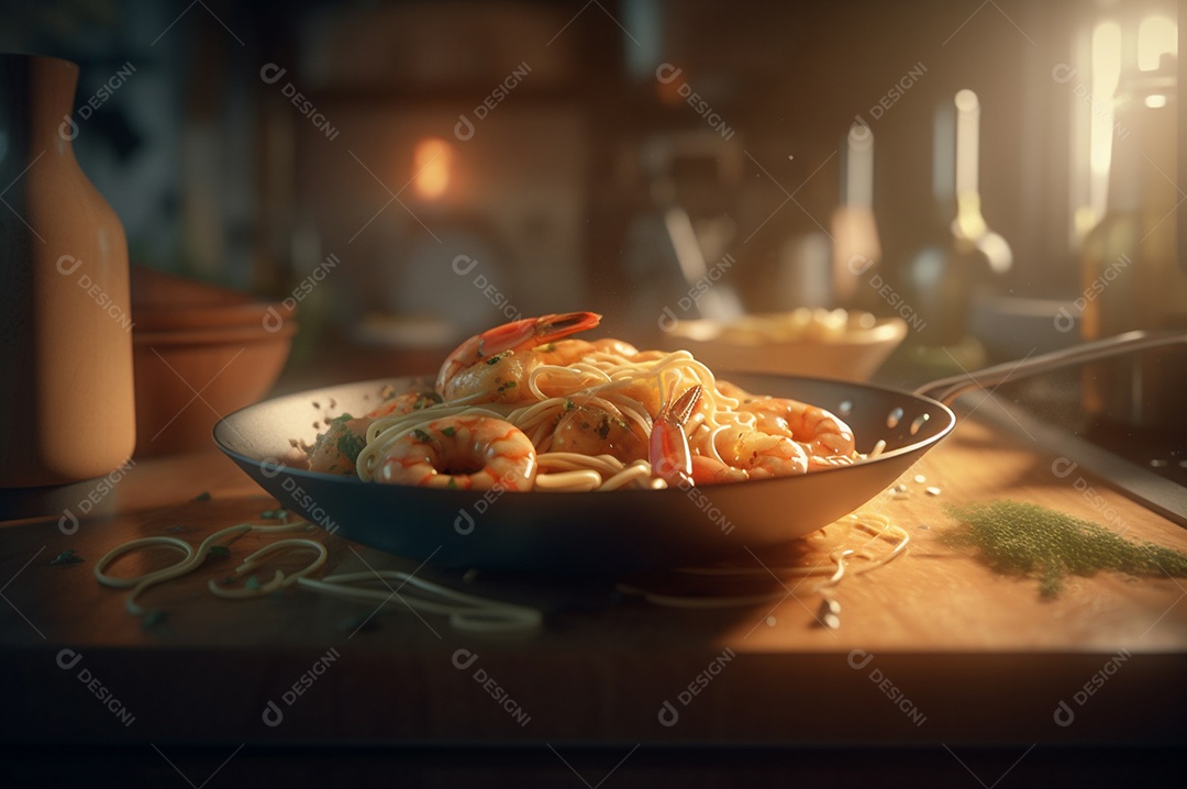 Um delicioso prato de camarão com massa fettuccine em uma mesa de cozinha.