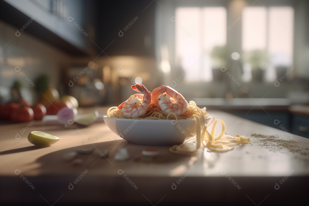 Um delicioso prato de camarão com massa fettuccine em uma mesa de cozinha.