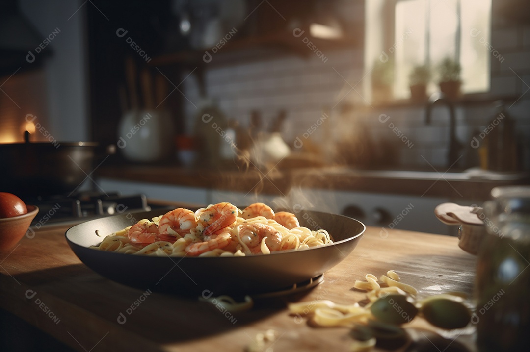 Um delicioso prato de camarão com massa fettuccine em uma mesa de cozinha.