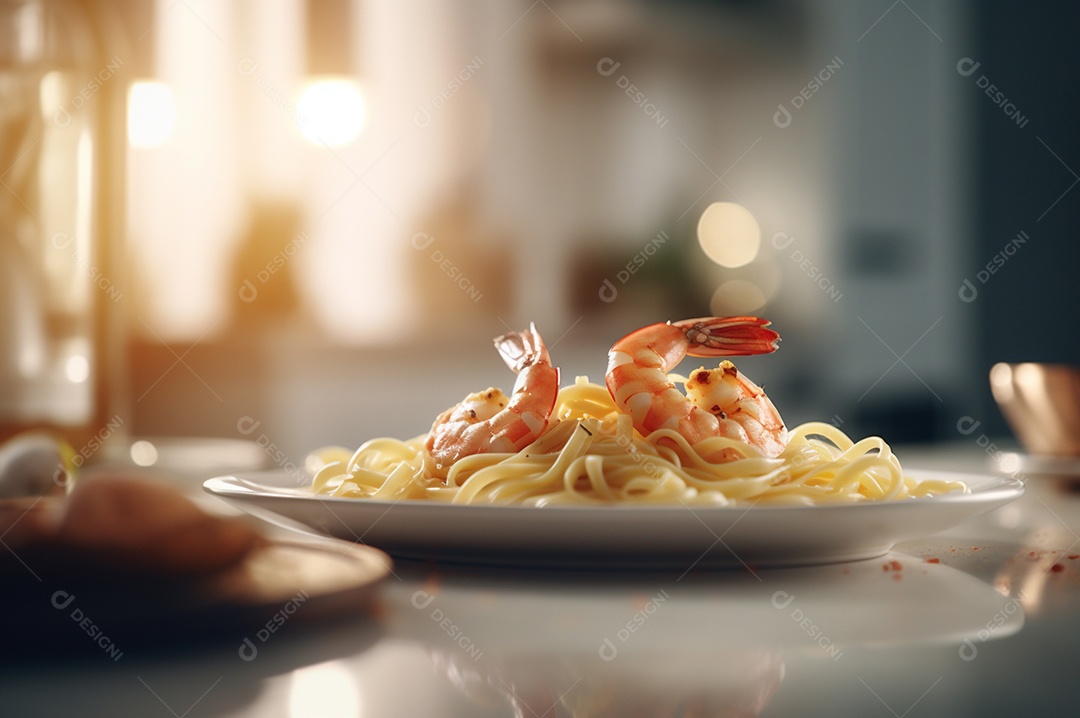 Um delicioso prato de camarão com massa fettuccine em uma mesa de cozinha.