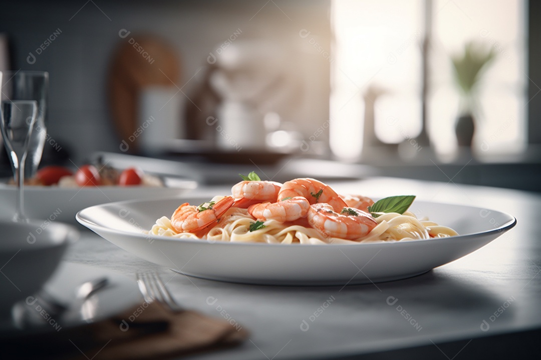 Um delicioso prato de camarão com massa fettuccine em uma mesa de cozinha.