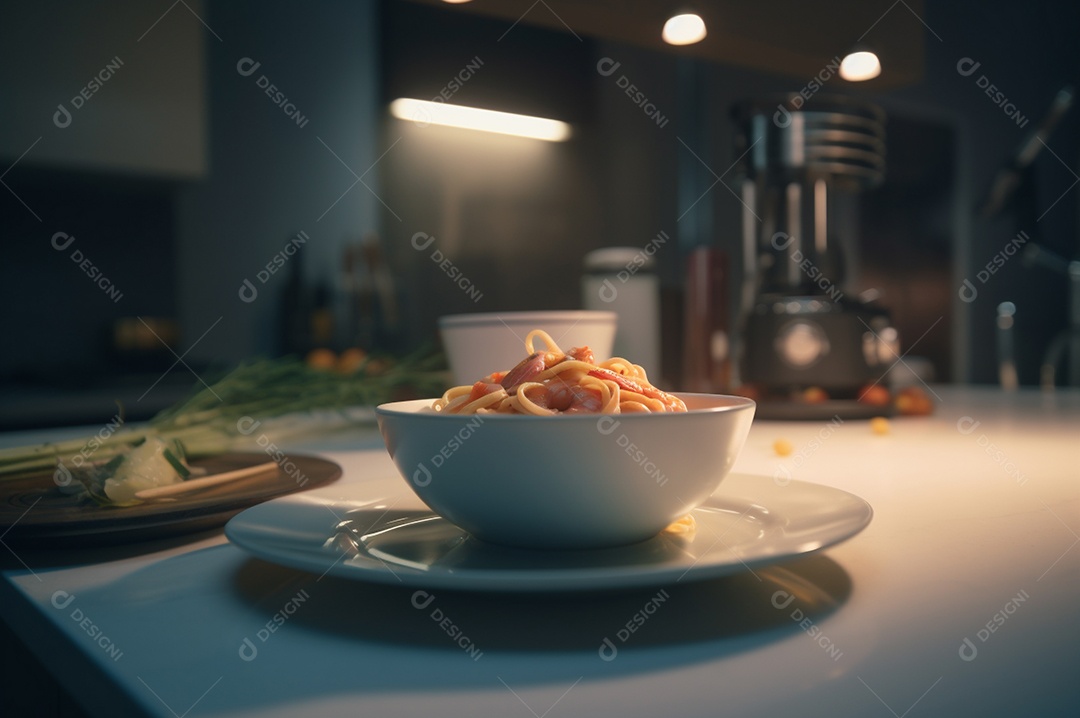 Um delicioso prato de camarão com massa fettuccine em uma mesa de cozinha.