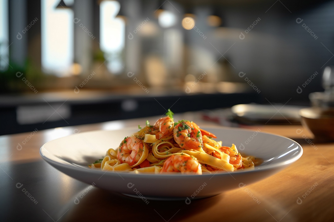 Um delicioso prato de camarão com massa fettuccine em uma mesa de cozinha.
