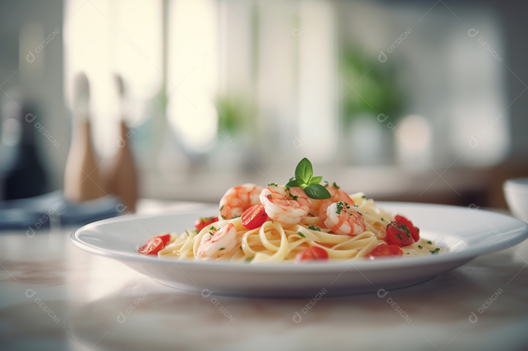 Um delicioso prato de camarão com massa fettuccine em uma mesa de cozinha.