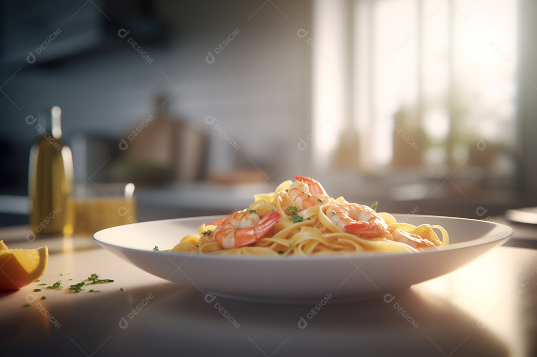 Um delicioso prato de camarão com massa fettuccine em uma mesa de cozinha.