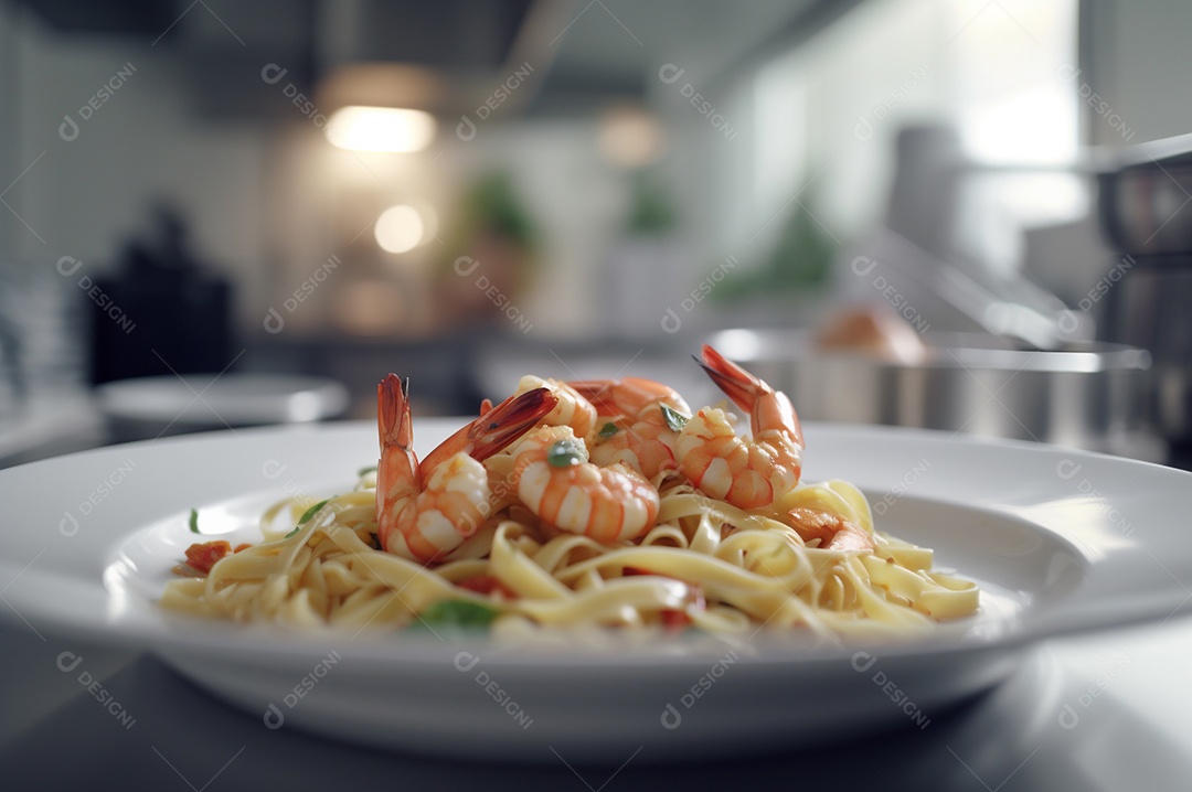 Um delicioso prato de camarão com massa fettuccine em uma mesa de cozinha.