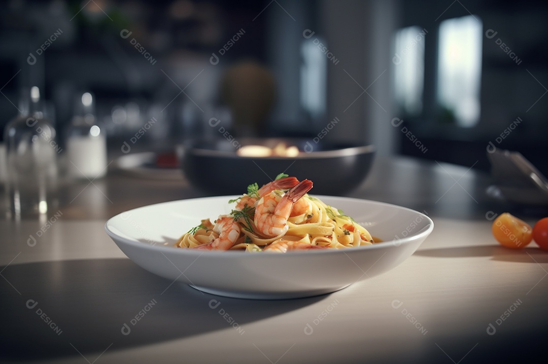 Um delicioso prato de camarão com massa fettuccine em uma mesa de cozinha.