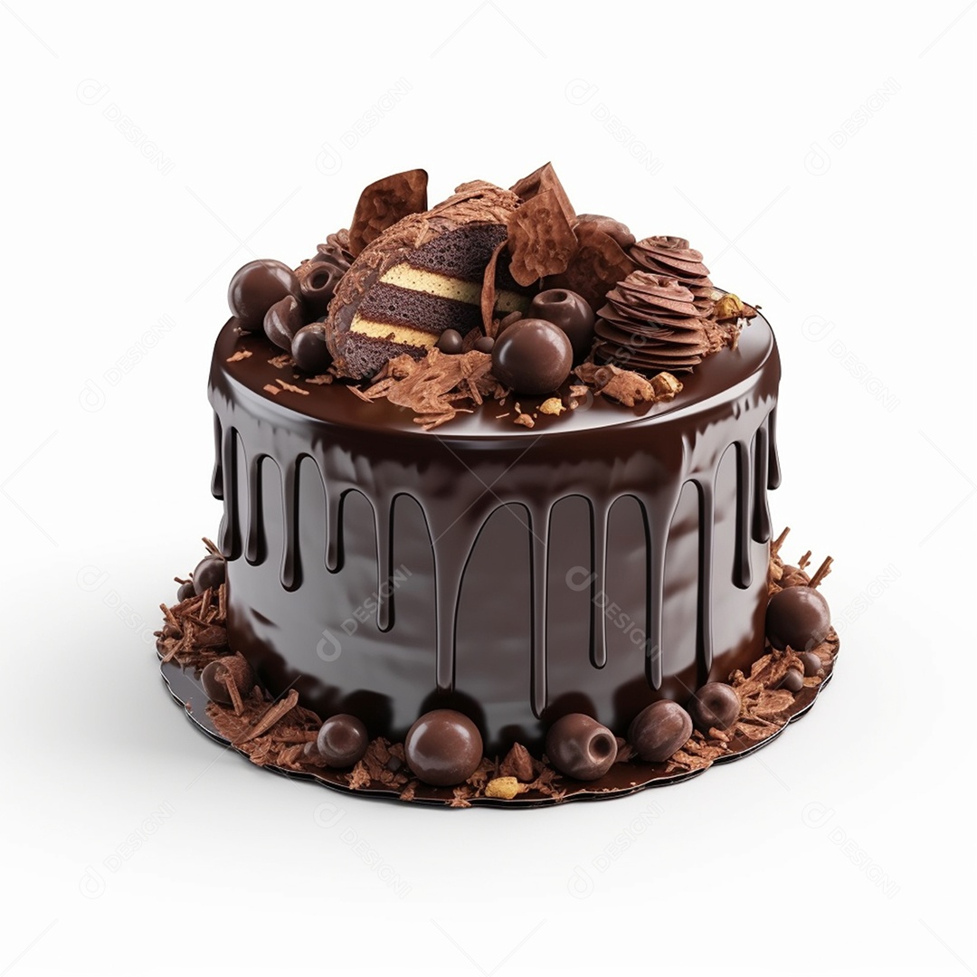 Delicioso bolo de chocolate confeitado em fundo branco